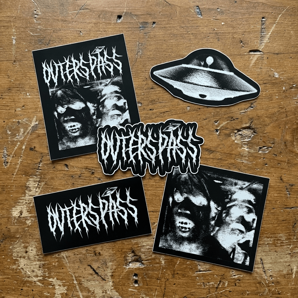 All 5 Outerspass stickers on a wooden surface