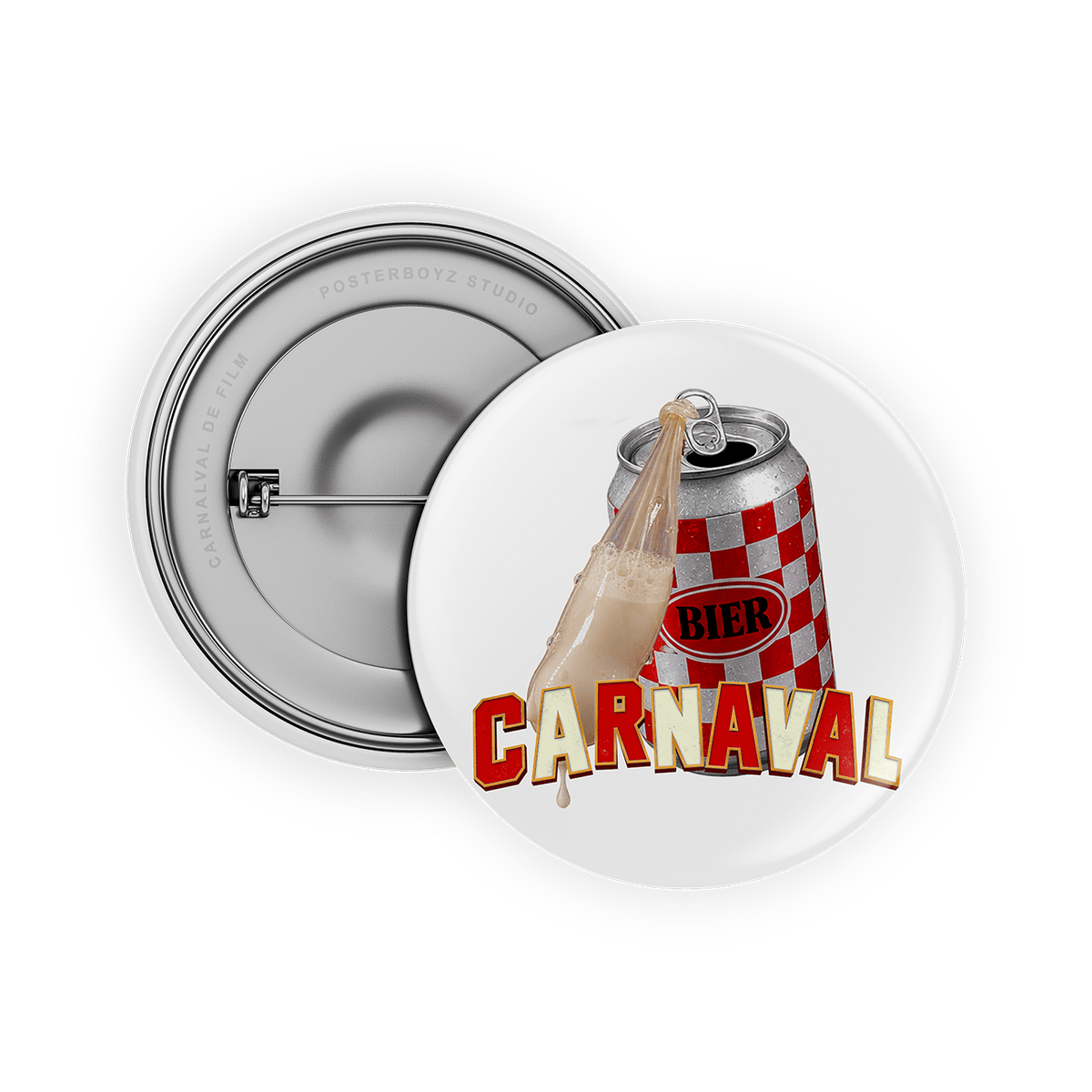 Carnaval-Button: Bierdose in Rot-Weiß