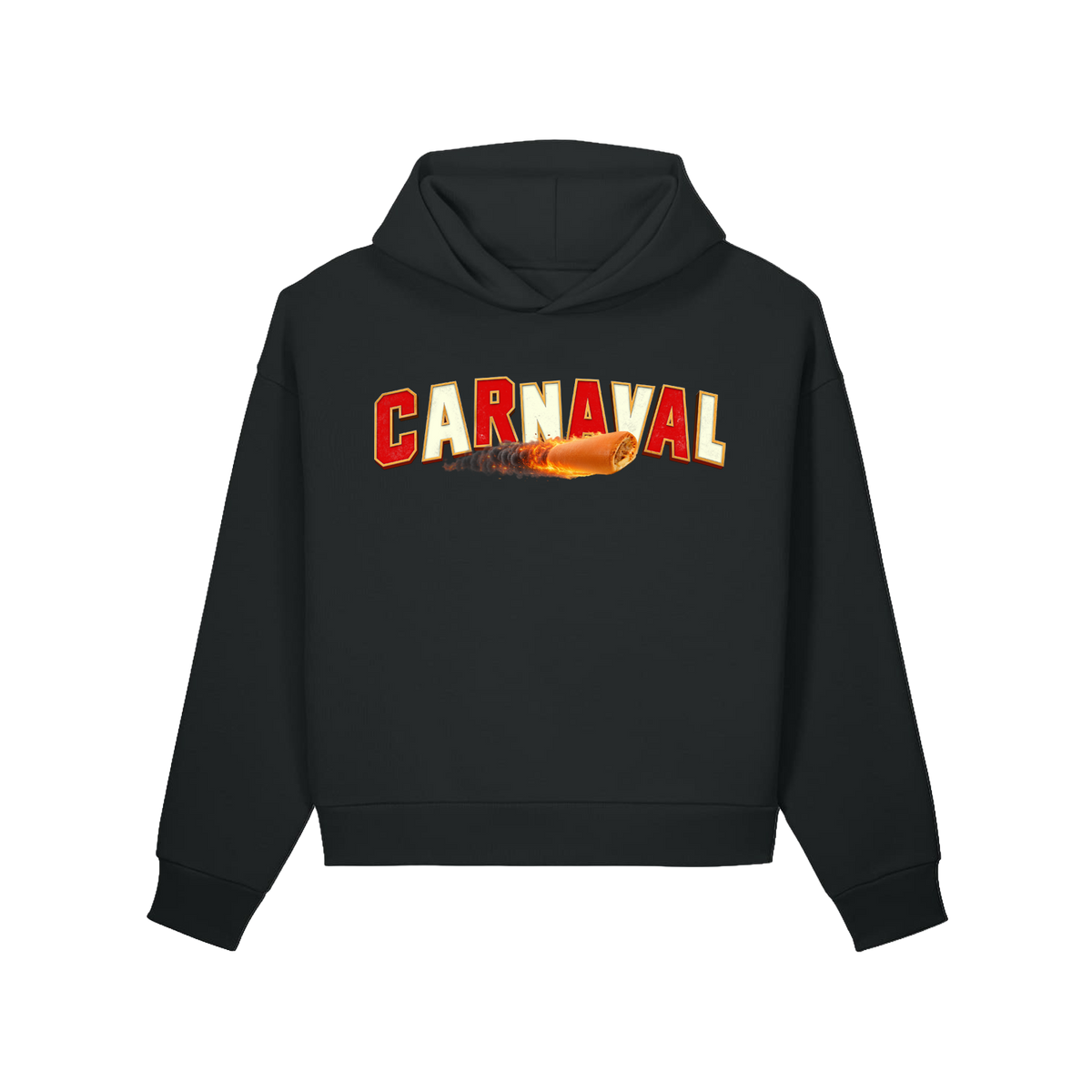 Carnaval (De Film) zwarte hoodie, design Worstenbroodje, voorkant