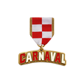 Goldene Carnaval-Medaille in Form des CARNAVAL-Logos an einem rot-weiß karierten Band