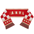 Gestrickter Carnaval-Schal in Rot und Weiß mit Karomuster, goldenen Streifen, CARNAVAL-Schriftzug und Fransen