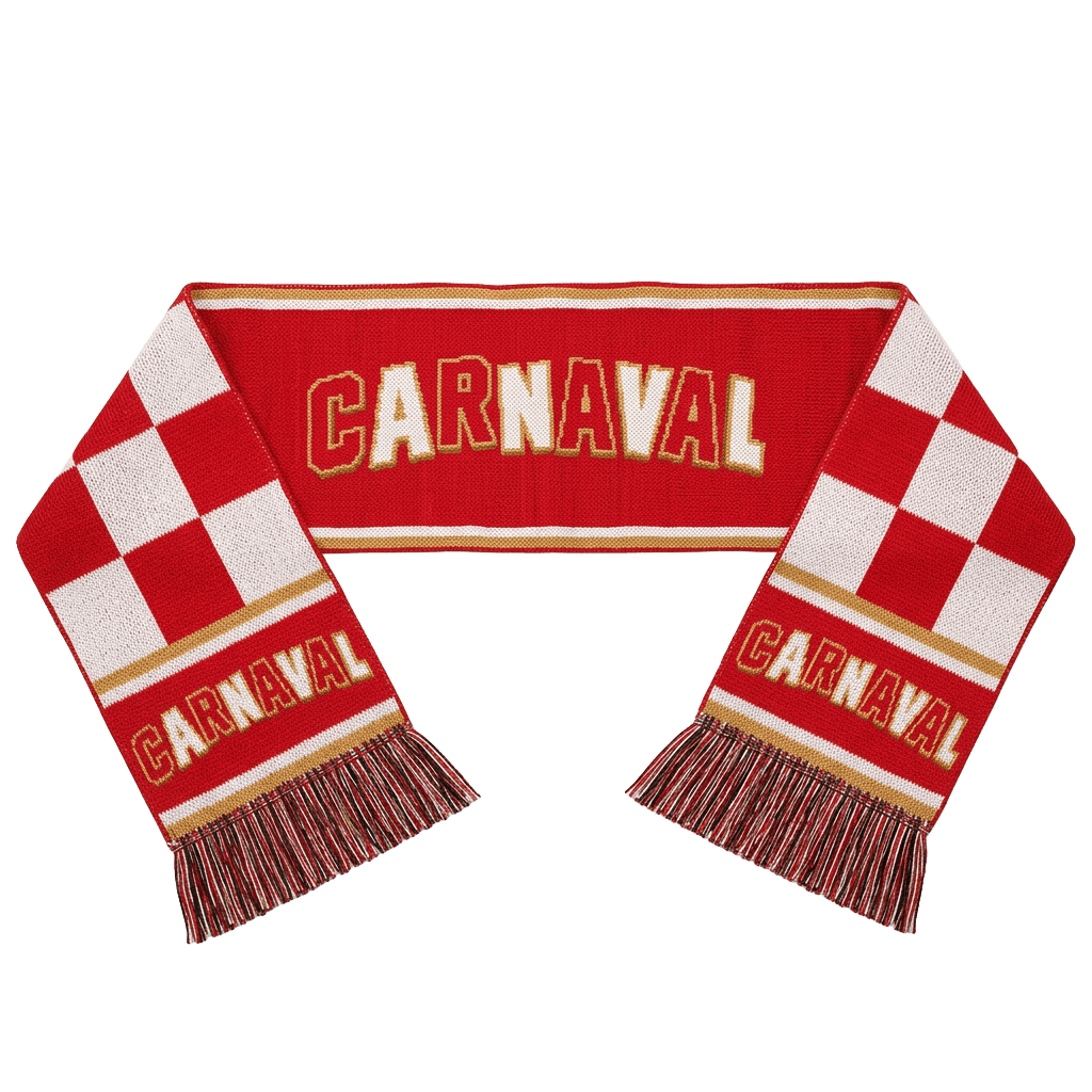 Gestrickter Carnaval-Schal in Rot und Weiß mit Karomuster, goldenen Streifen, CARNAVAL-Schriftzug und Fransen