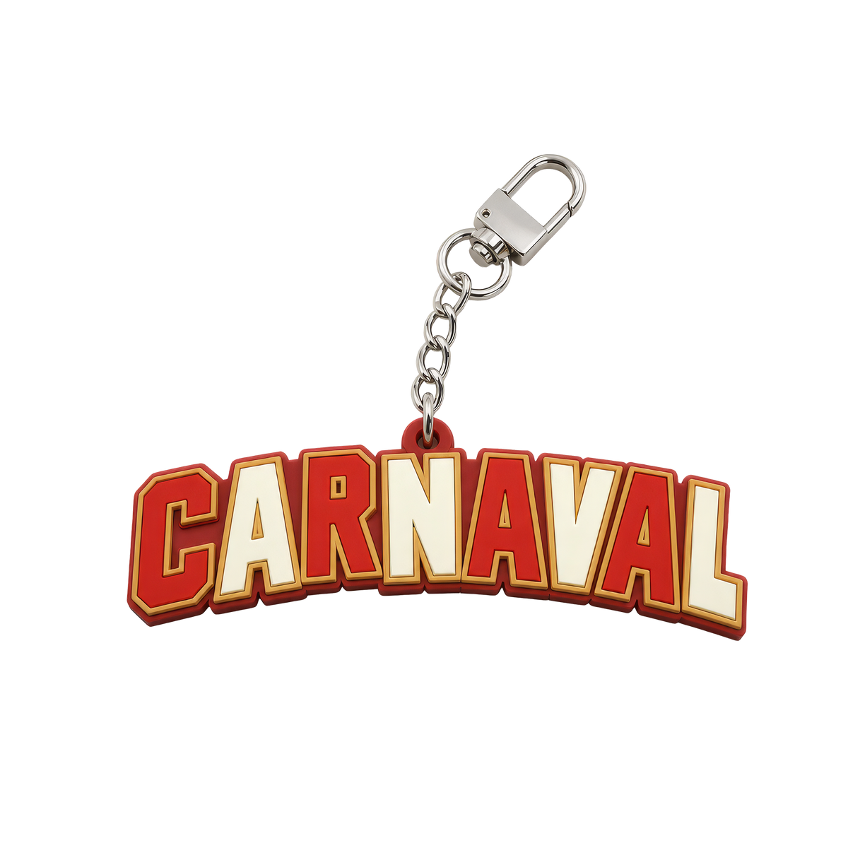 Carnaval-Schlüsselanhänger in Form des CARNAVAL-Logos, mit einem Kettchen und einem Karabinerverschluss