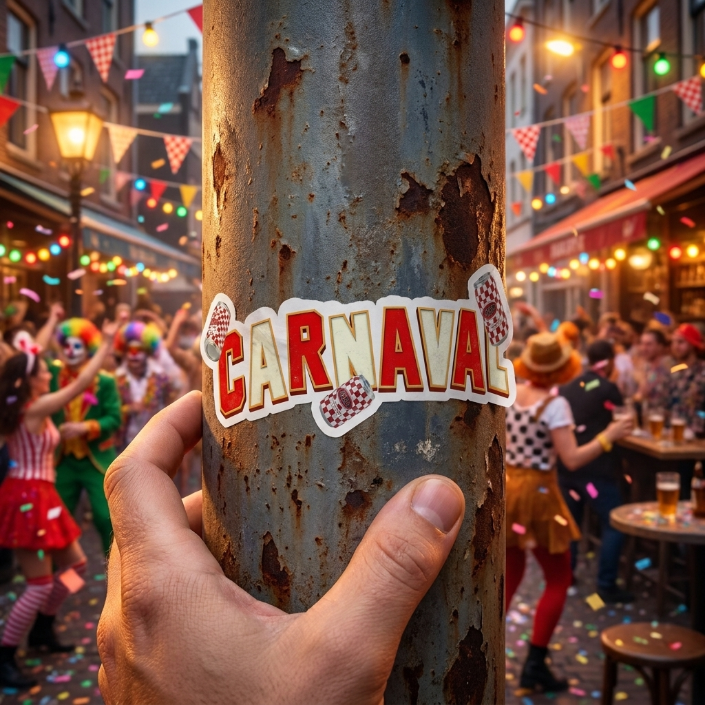Carnaval-Sticker wird auf einen Laternenmast geklebt, im Hintergrund ein Karnevalsfest