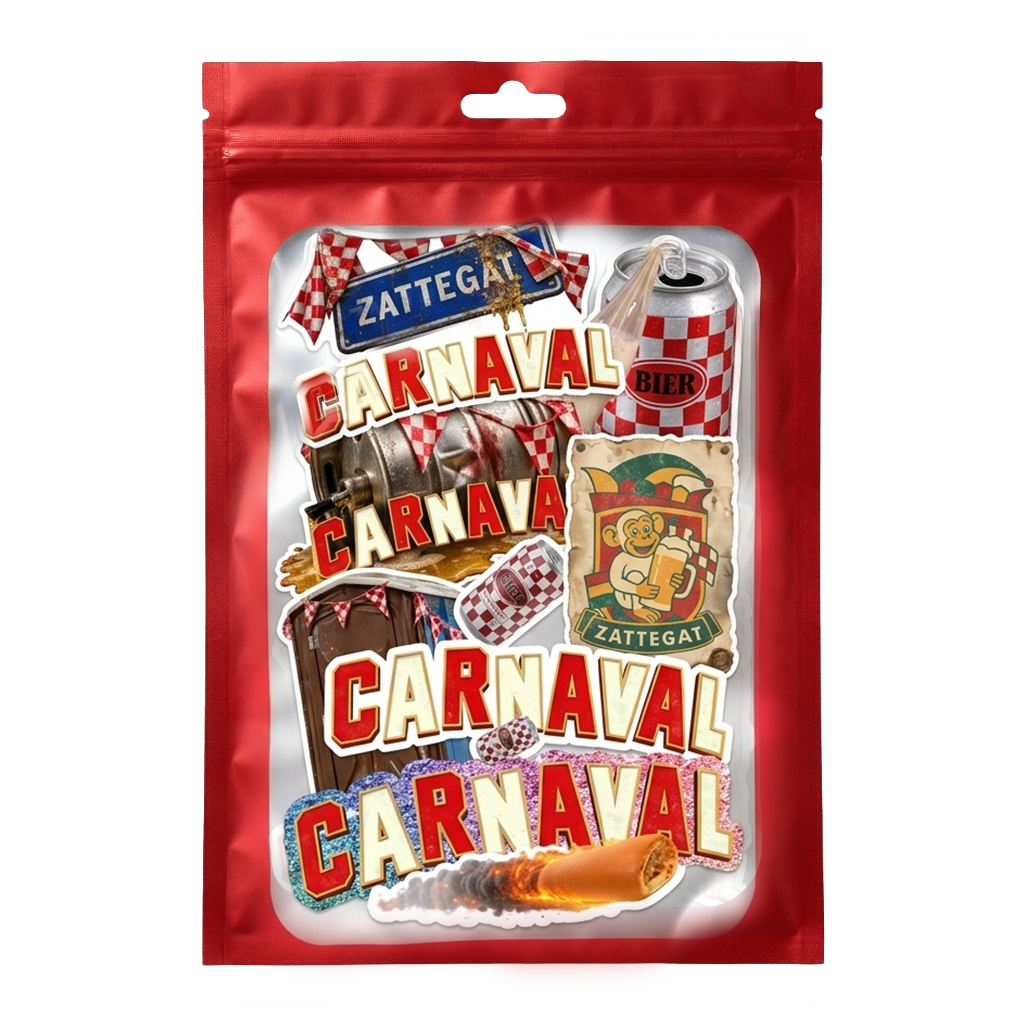 Carnaval-Stickerpack: 8 Sticker in einer roten Tüte, davon 1 Glitzersticker