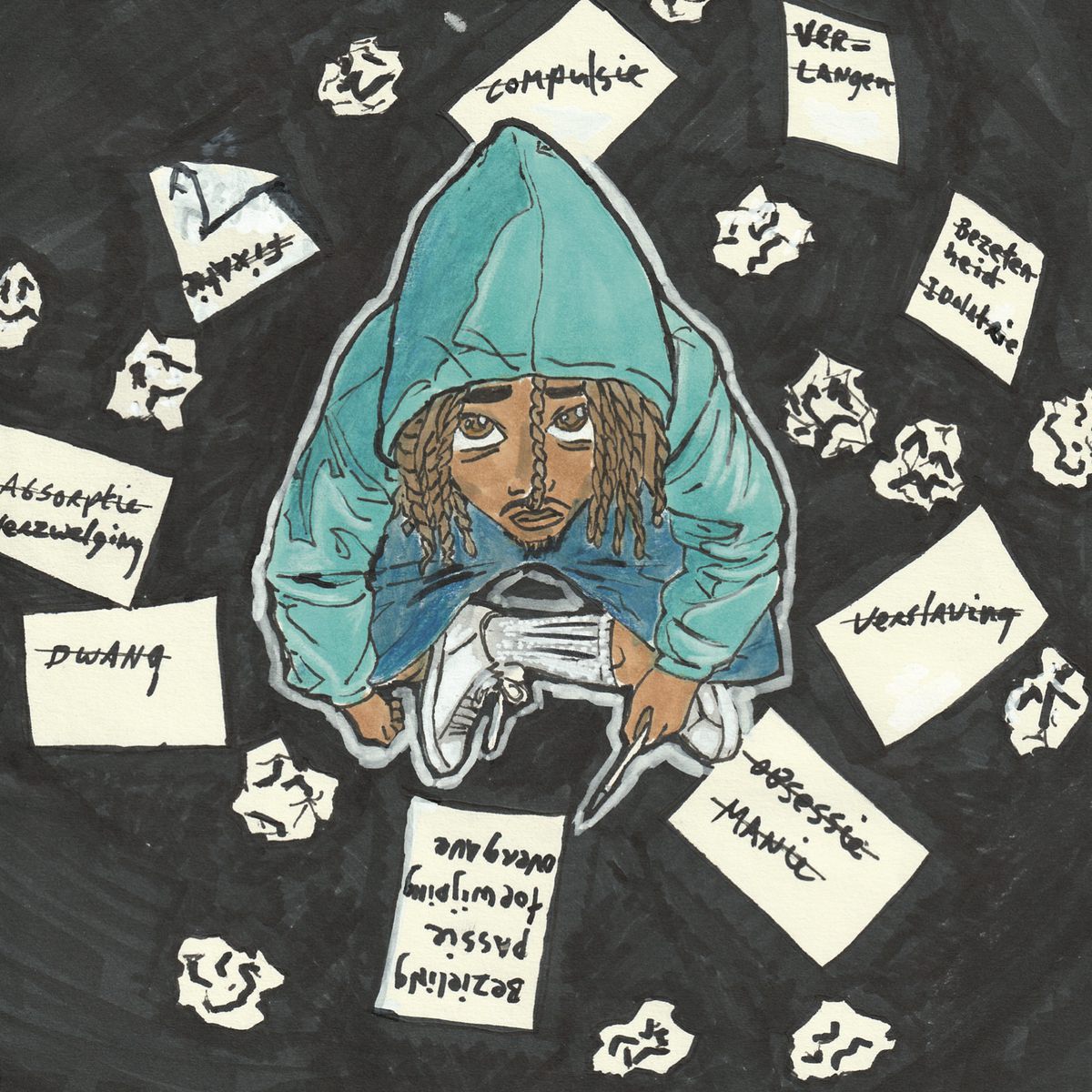 Insertposter 6 van 10 bij de Leren Leven LP: figuur in een hoodie tussen briefjes
